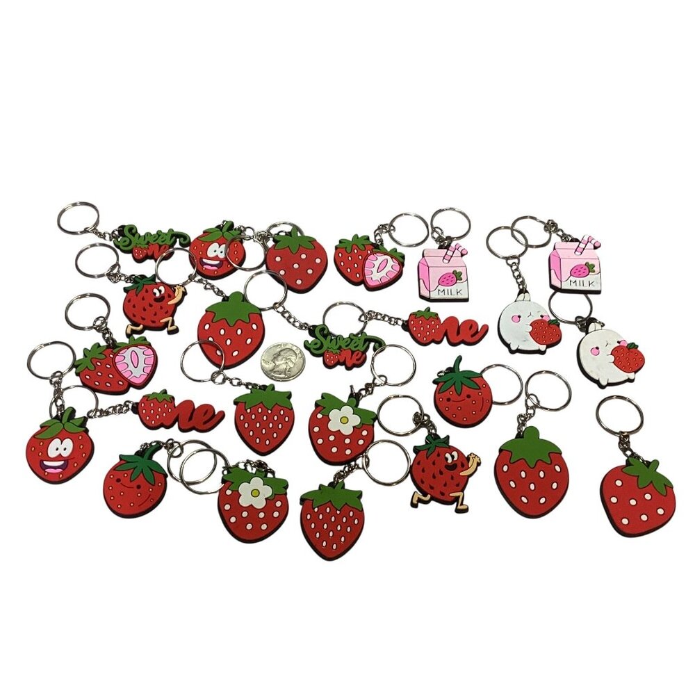 24pcs Sweet Strawberry Surprise Key Chains Multi Color Rubber Metal NEW
